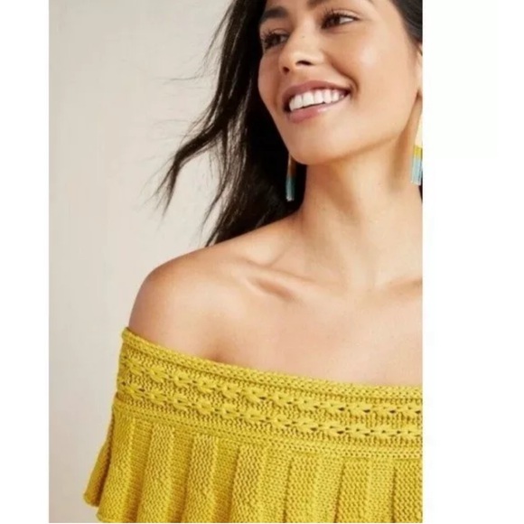 NWT Anthropologie Ruffled Off The Shoulder Knit Top in Mustard Size XS - Picture 2 of 12